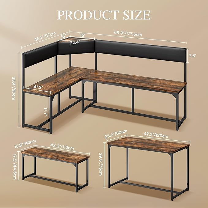 DWVO 3-Piece Dining Table Set for 4-6 People 47.2" Corner Dining Room Table with Left Seat Corner Bench and 43.3" Bench Brown Industrial Kitchen Table for Breakfast Nook Kitchen Living Room Restaurant