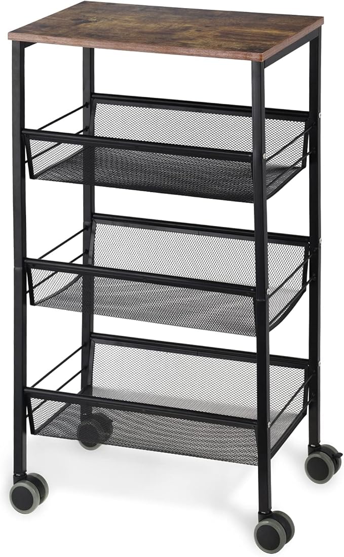 LIANTRAL Rustic Kitchen Storage Cart, 4 Tier Kitchen Cart on Wheels, Metal Mesh Storage Pantry Cart with Lockable Wheels, Wood Look Top and Metal Frame.