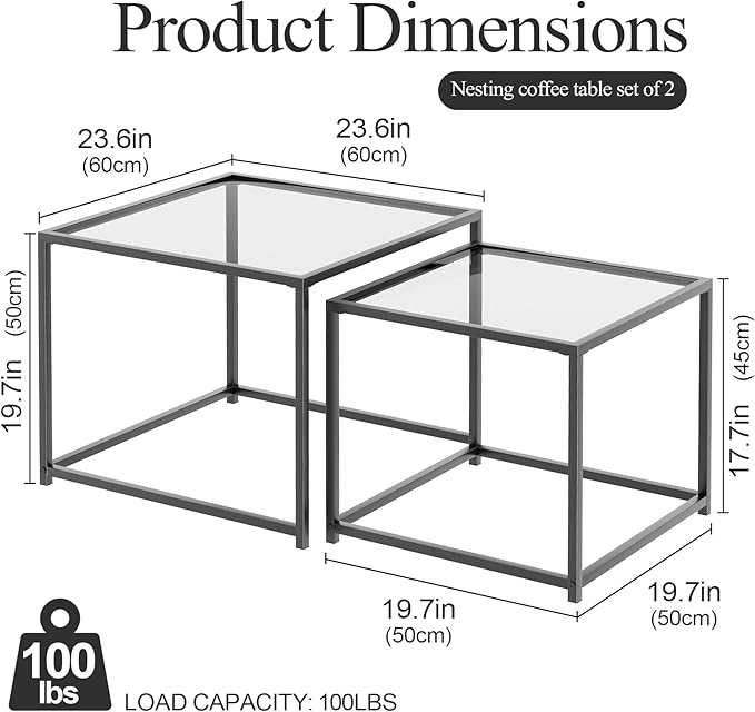 Garden 4 you Coffee Table Set of 2, Modern Glass Nesting Table, Metal Frame Square Center Table Set, Side Tables, Nesting Coffee Table for Living Room, Bedroom and Small Spaces, 23.6in Grey