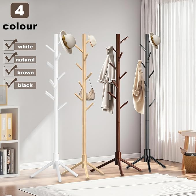 Wooden Coat Rack Stand, Freestanding Coat Rack with 8 Hooks, 3 Adjustable Size Coat Tree for Hats, Coats, Scarves bags, Coat Hanger Stand Used in Bedroom/Office/Entryway (Black)