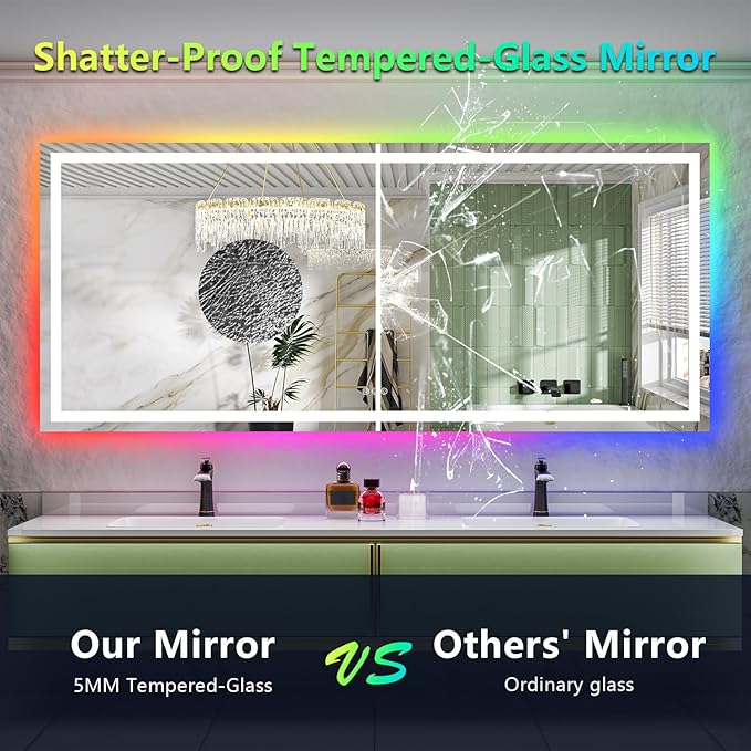 68x38 Inch RGB LED Bathroom Mirror Front Light and RGB Backlit Lighted Vanity Mirror for Bathroom Wall Mounted Dimmable Anti Fog Memory Shatter-Proof IP54 Waterproof Horizontal/Vertical
