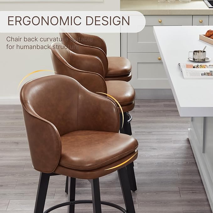 Counter Height Barstools 26 inch Upholstered Swivel Bar Stools with Back and Wood Legs for Kitchen Island,Set of 2,Brown PU Leather