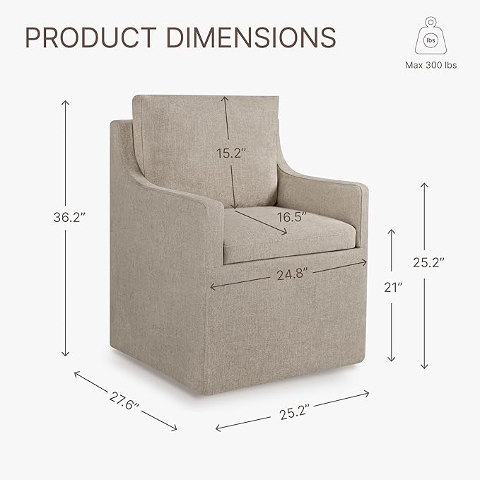 Upholstered Dining Chairs with Casters Easy Assembly Side Deskchair with Rollers for Diningroom, Living Room, Khaki, 4 Box