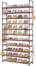 11 Tiers Tall Shoe Rack Holds 55 Pairs of Shoes with 18pcs Hooks Sturdy Wide Shoe Organizer Storage Free Standing Metal Shoe Shelf for Closet, Entryway Brown