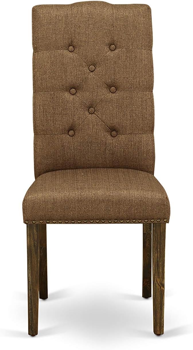 East West Furniture F3EL7-718 7 Piece Kitchen Table Set Consist of a Round Dining Table with Pedestal and 6 Brown Linen Linen Fabric Parsons Dining Chairs, 48x48 Inch, Distressed Jacobean