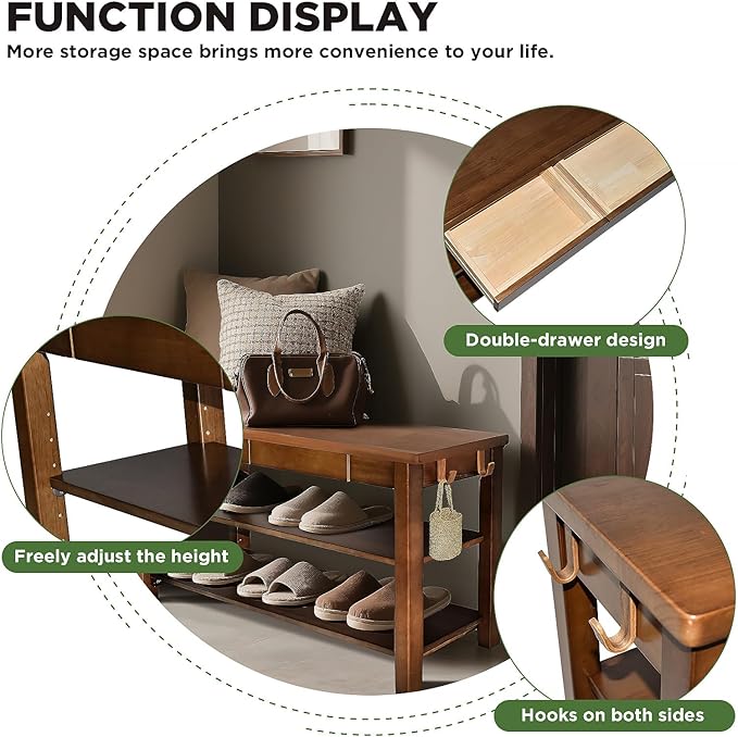 Wood Shoe Bench Entryway with Drawer: 2-Tiers Wooden Storage Shoe Rack with Bench Seat, Compact Mid-Century Modern Design for Entryway, Hallway,Closet,Front Door Entrance,Foyer Walnut 39.3"