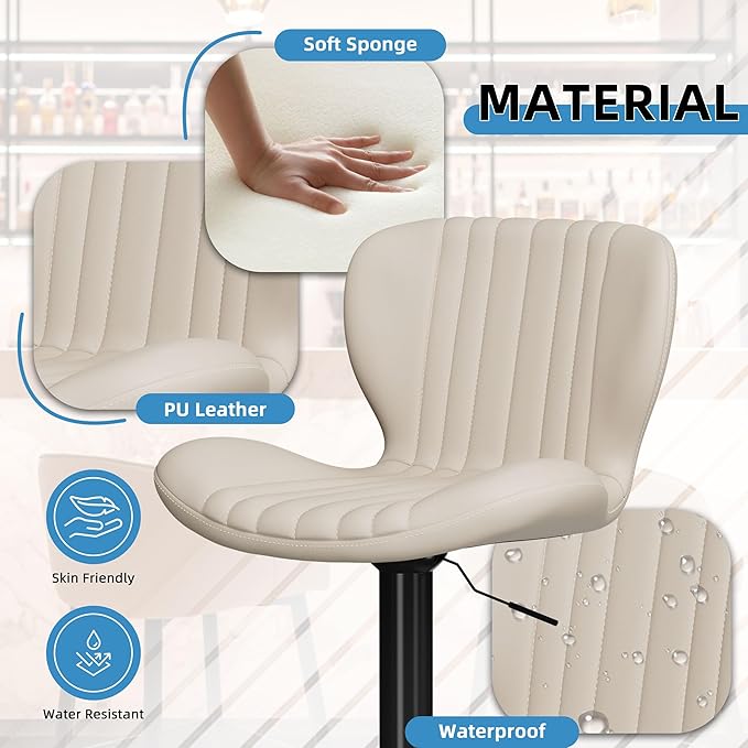 Shintenchi Bar Stools Set of 2 Modern Swivel Bar Chairs, Counter Height Faux Leather Metal Barstools, Upholstered Island Chairs with Back and Footrest, Beige