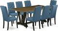 East West Furniture V677EL121-9 9 Piece Dining Set Includes a Rectangle Dining Room Table with V-Legs and 8 Blue Linen Fabric Upholstered Parson Chairs, 40x72 Inch, Multi-Color