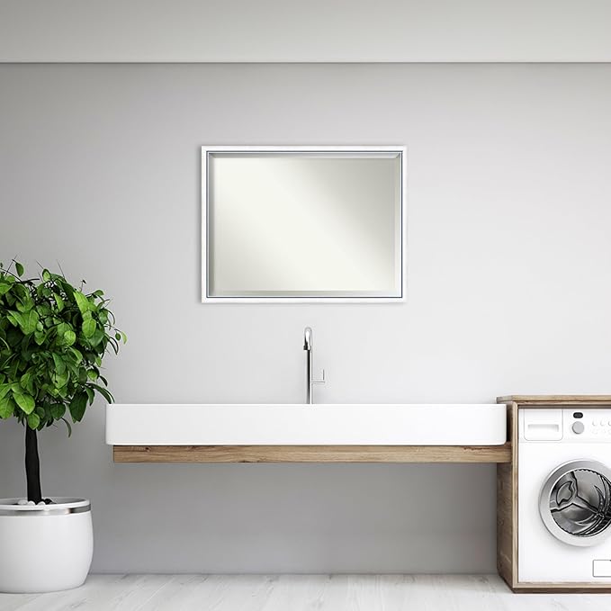 Amanti Art White Bathroom Mirror for Over Sink, 32x42 Morgan White Blue Rectangle Vanity Mirror, X-Large Modern Contemporary Wood Frame, Hangs Horizonally and Vertically, Bathroom Wall Decor, Beveled