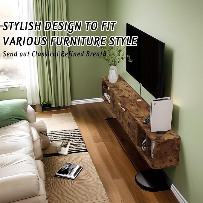 Floating TV Unit, 58'' Wall Mounted TV Cabinet, Floating Shelves with 4 Cabinets, Wooden Entertainment Media Console Center Large Storage TV Bench for Living Room & Office (Rustic Brown)