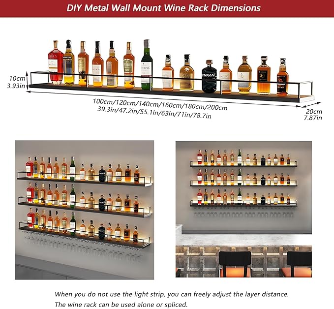 55in Wall-Mounted Metal Wine Rack with LED Lights 3-Tier Floating Bar Shelves with Wine Glass Rack Large Wine Bottle Display Rack Hanging Shelf, for Home Bar Dining Room Decorative (black, 140cm/55in)
