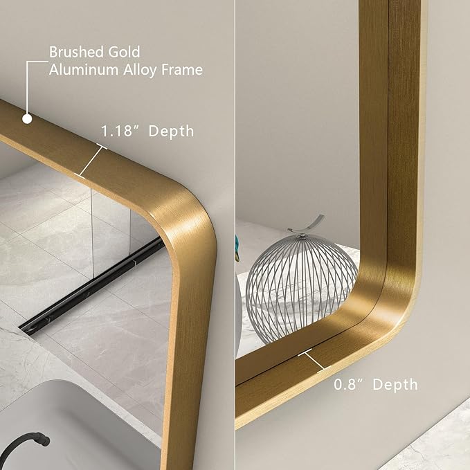 30x36 Gold Mirror for Bathroom, Brushed Gold Metal Framed Mirror for Vanity, Rectangle Wall Mouted Mirror, Rounded Corner, Shatterproof, Anti-Rust (Horizontal/Vertical)