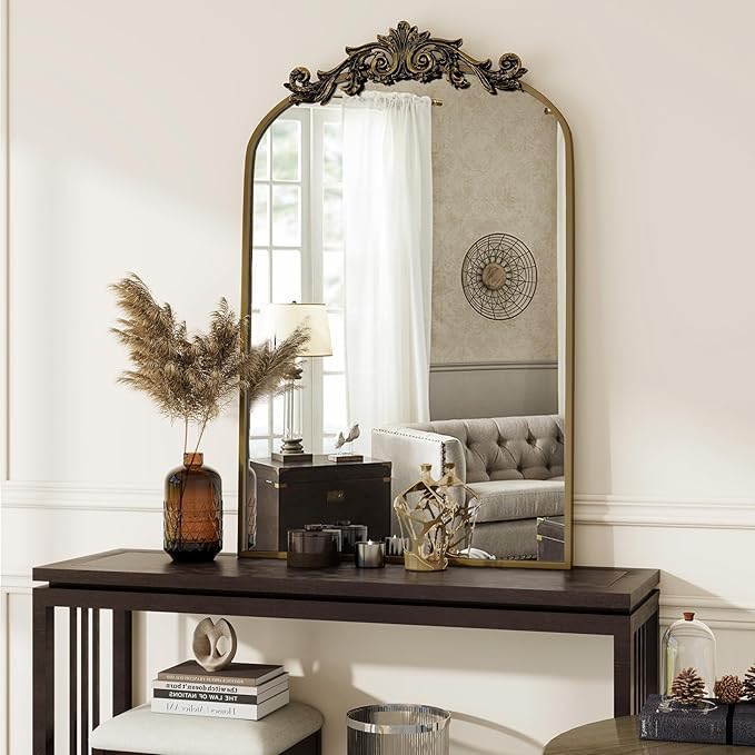 Vintage Arched Bathroom Mirror, 26x38 Inch Retro Wall Mounted Vanity Mirror with Carved Pattern Top and Metal Frame, Antique Decorative Mirror for Hanging or Leaning