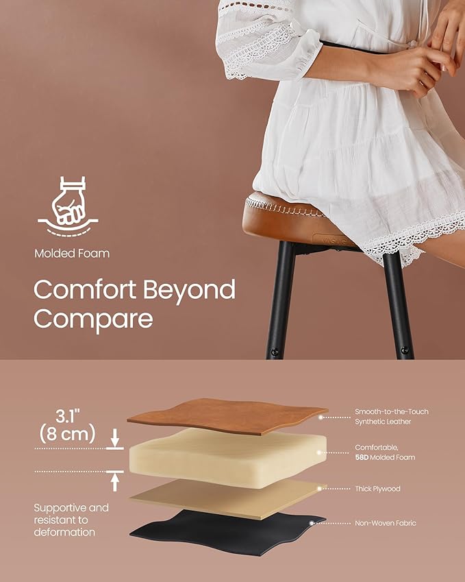VASAGLE EKHO Collection - Bar Stools Set of 2, Counter Height Bar Stools, Kitchen Counter Stools, Mid-Century Modern Backless Counter Stools, 24.8-Inch Tall, Kitchen Island Home Bar, Caramel Brown