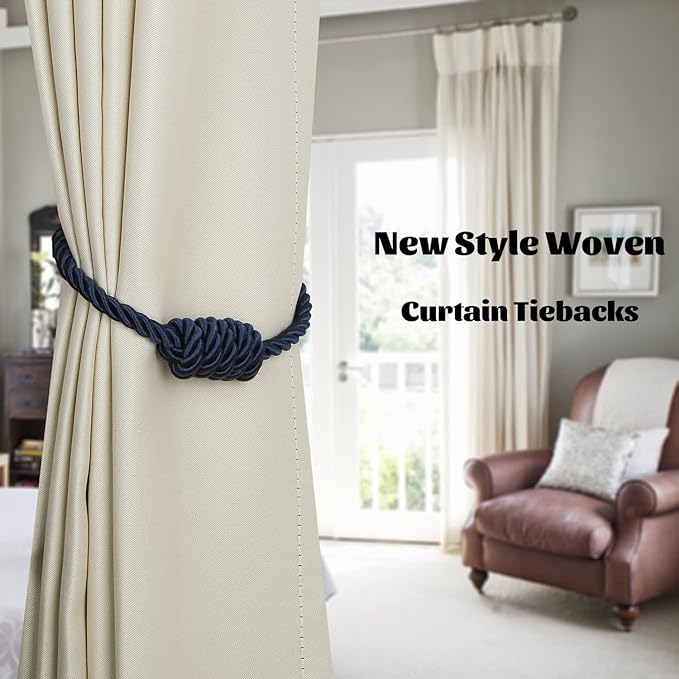 BEL AVENIR Magnetic Curtain Tiebacks, Decorative Drapery Holdbacks Modern Woven Tie-Backs with Exquisite Knot (Navy, 4 Pack)