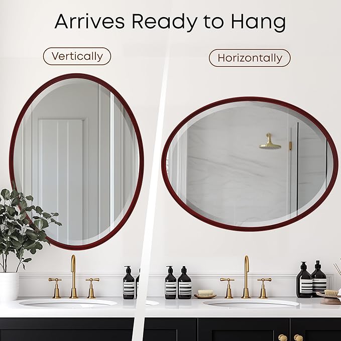 OVALCREST - Oval Wooden Beveled Wall Mirror for Home Decor, Bathroom, Vanity, Bedroom, Living Room, Hallway - London Style (Black Cherry) 21.1 x 25.1