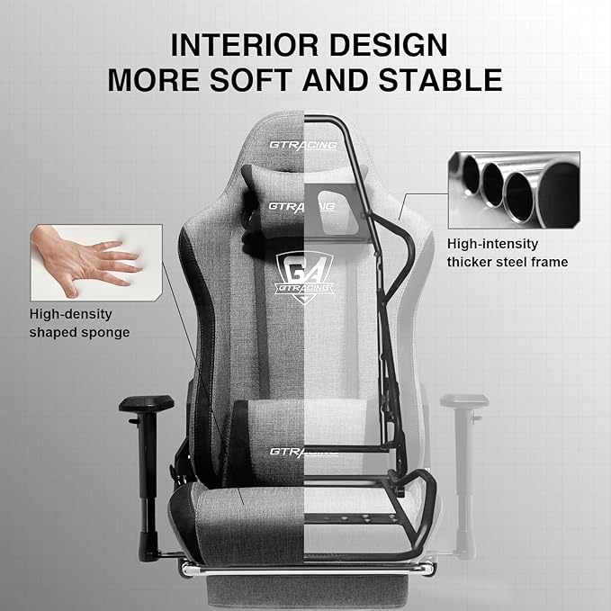 GTRACING Gaming Chair with Footrest, Fabric Breathable Big and Tall Ergonomic Computer Chair 350 lbs with Adjustable Lumbar Support and Recliner，High Back Game Chair for Office Gaming, Grey