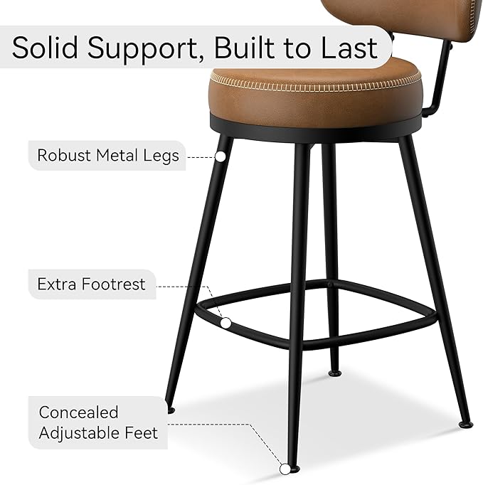 Counter Height Bar Stools, 26" H Swivel Barstools Set of 6, Faux Leather Kitchen Counter Stools with Back and Stylish Stitching, Metal Frame, Pub, Home Bar, Whisky Brown