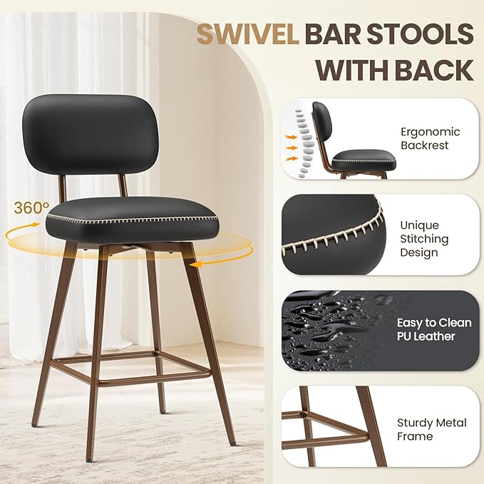 Swivel Bar Stools Set of 3, Mid Century PU Leather Counter Height Bar Chairs with Low Back and Metal Legs, Modern Bar Stool Chair for Kitchen Island, Black