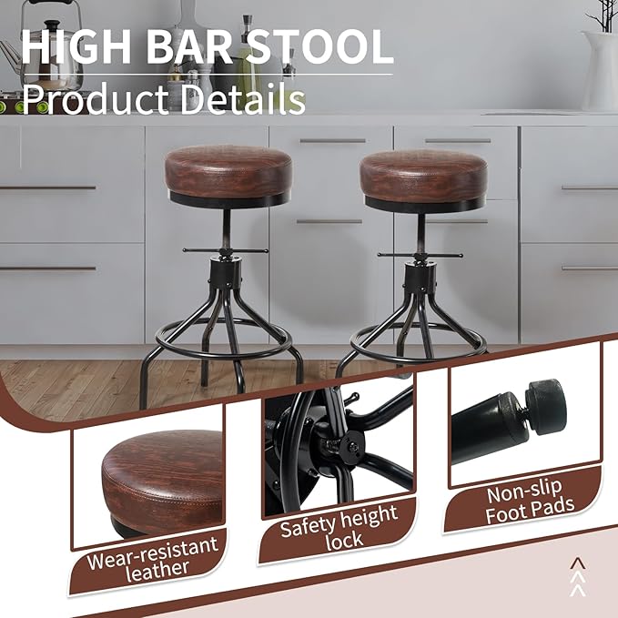 Counter Height Bar Stools Set of 3 Adjustable Swivel Barstools Industrial Modern PU Leather 28inch Round Backless Counter Height Stool Metal Bar Chair for Kitchen Island (3, Walnut)