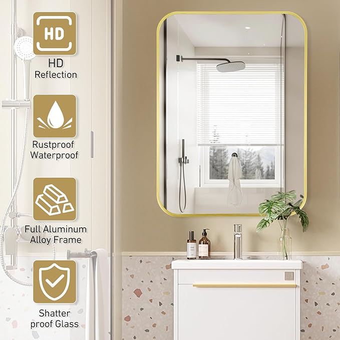 20x28 Inch Bathroom Mirror for Wall,Matte Gold Framed Rectangle Mirror with Rounded Corner,Aluminum Alloy Framed Brushed Wall Mirror for Bedroom or Living Room,Vertical or Horizontal