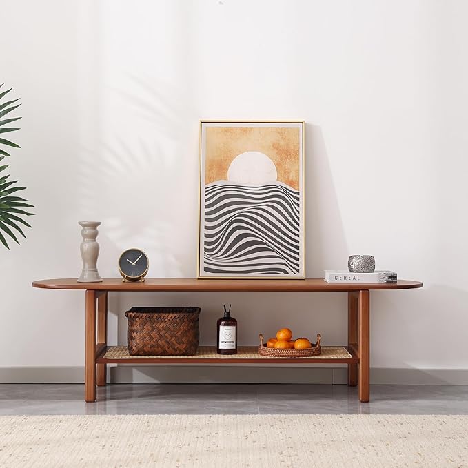 Tiita Bamboo TV Stand with Storage for TV up to 65 inch, Bamboo Rattan TV Console Entertainment Center with 2 Open Shelf, Mid Century Modern Media Console for Living Room, Bedroom, Walnut