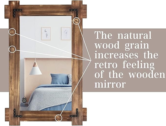 MeMoreCool Rustic Wooden Framed Wall Mirror, Farmhouse Decorative Vanity Mirror, Wall Mounted Rectangular Mirror for Bathroom, Bedroom, or Living Room, 40x28 Inches