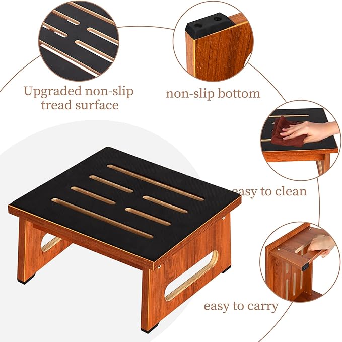 One Step Stool for Bed, Wooden Step Stool with Non-Slip Feet, 450 LBS Capacity Stepping Stool for Adults Seniors, Bedside Steps for High Beds, Bathroom Kitchen Bedroom, Easy to Assemble, Rustic Brown