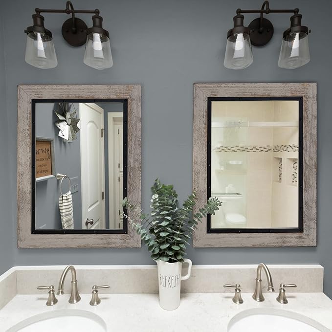 YOSHOOT Rustic Wooden Framed Wall Mirror, 48"x30", Natural Wood and Iron Bathroom Vanity Mirror for Farmhouse Decor, Vertical or Horizontal Hanging