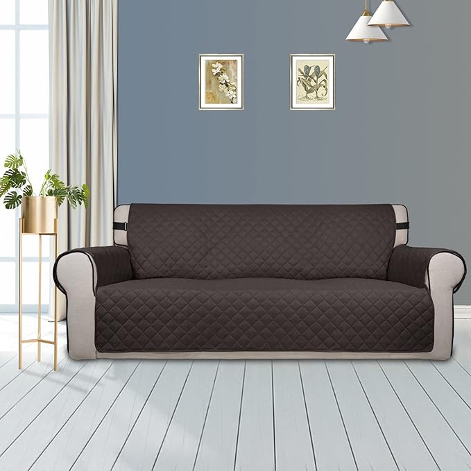 PureFit Reversible Sofa Couch Cover Water Resistant Couch Covers for 3 Cushion, Washable Furniture Cover with Non-Slip Foam and Adjustable Strap for Dogs, Pets (Sofa, Chocolate/Beige)