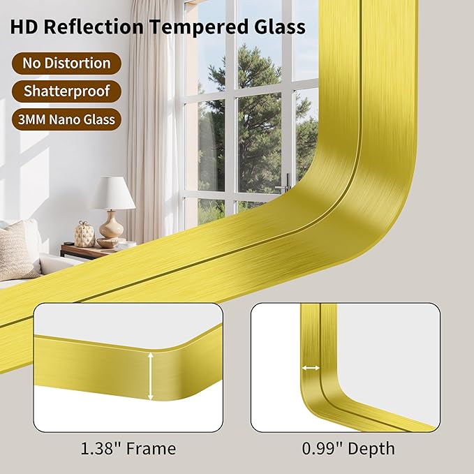 FORBATH 30x36 Inch Bathroom Mirror, Brushed Gold Deep Frame Wall Mirror with Rounded Corners, Anti-Rust Tempered Glass for Modern Farmhouse Vanity (Horizontal/Vertical Hanging)