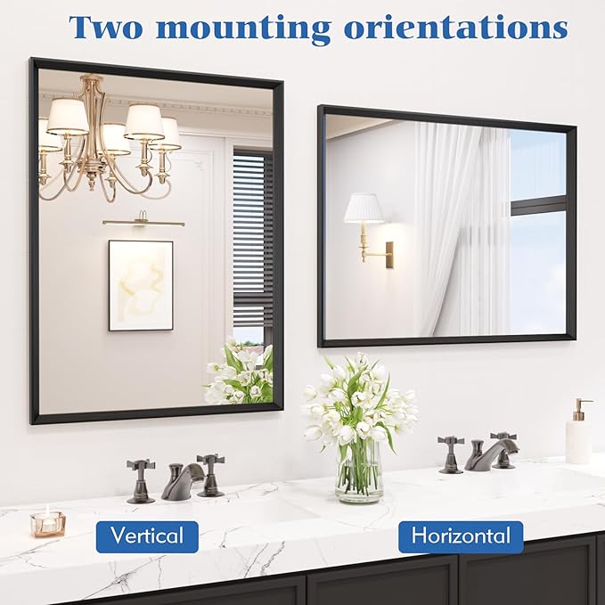 Rectangle Bathroom Mirror 28x36 Inch, Matte Black Framed, 4MM Tempered Glass, Anti-Rust, Wall-Mount Vanity Mirror for Bathroom & Bedroom, Hangs Horizontally or Vertically