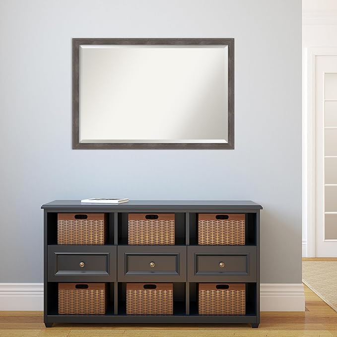 Amanti Art Grey Wall Mirror 27x39 Pinstripe Lead Grey Rectangle Bathroom Mirror for Wall Decor Living Room, Large Modern Wood Frame, Hangs Horizonally and Vertically, Bathroom Decor, Beveled Edge