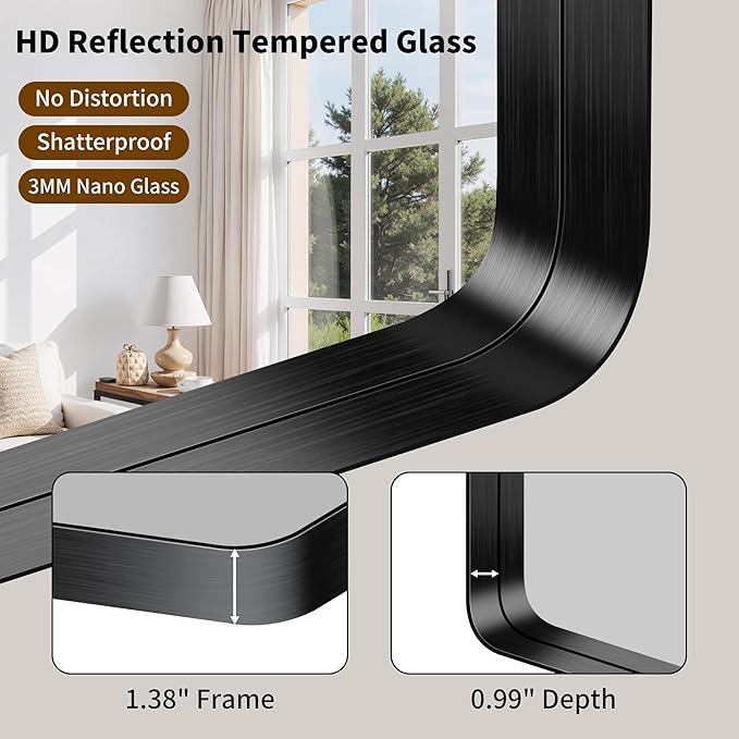 FORBATH 30x36 Inch Bathroom Mirror, Brushed Black Deep Frame Wall Mirror with Rounded Corners, Anti-Rust Tempered Glass for Modern Farmhouse Vanity (Horizontal/Vertical)
