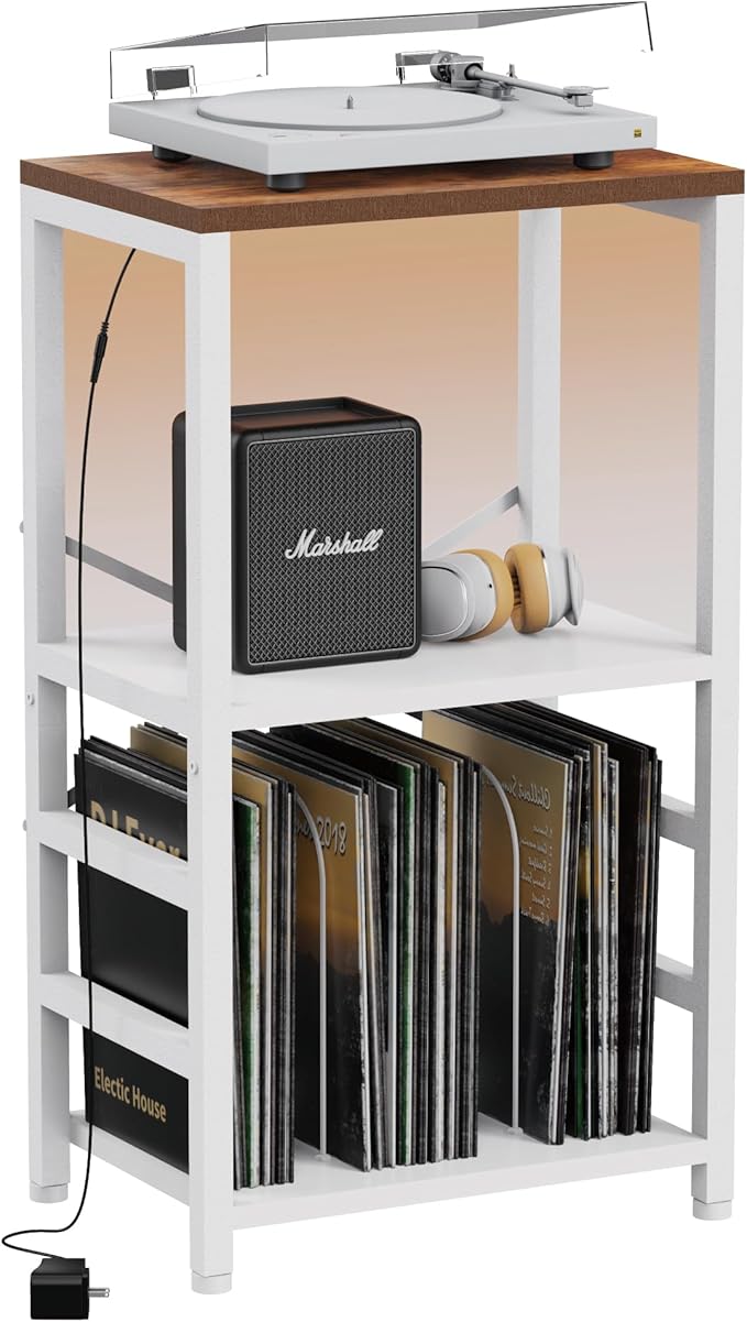 End Table with LED Light,Record Player Stand with Albums Storage,Vinyl Records Storage,Turntable Stand Side Table for Music Room Studio Living Room Bedroom-White