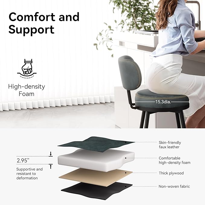Counter Height Bar Stools, 26" H Swivel Barstools Set of 8, Faux Leather Kitchen Counter Stools with Back and Stylish Stitching, Metal Frame, Pub, Home Bar, Balck Green