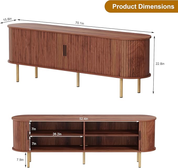GarveeHome 70.1" TV Stand, Modern TV Console Table with Storage Compartment and Sliding Door, Gaming Entertainment Center with Cabinet for Living Room, Bedroom, Office, Walnut