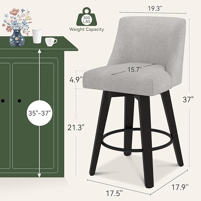 Vipbear Swivel Counter Height Bar Stools Set of 2,26.8" H Counter Stools with Back, Mid Century Modern Bar Stools for Kitchen Island,Linen Fabric,Wooden Base, Light Gray