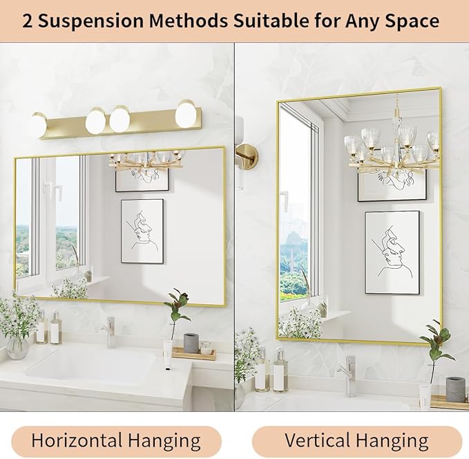 Koonmi Gold Mirrors for Wall, 36x60 Inch Bathroom Mirror, Rectangular Wall Mirror for Living Room Bedroom Bathroom, Hangs Horizontally or Vertically