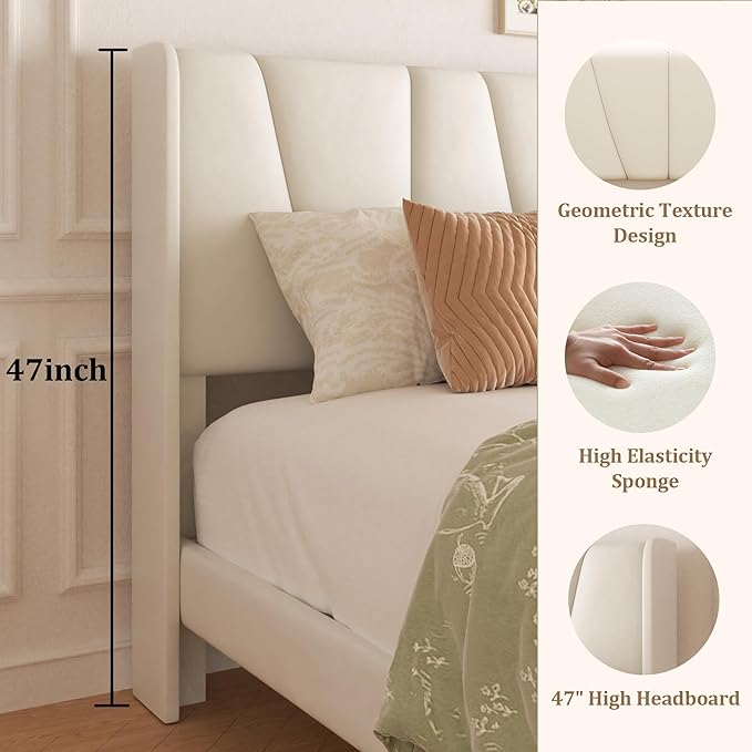 Full Bed Frame with Storage Drawers, Upholstered Platform Bed with Headboard and Wingboard, No Box Spring Needed, Noise Free, Easy Assembly, Wooden Support Slats, Beige