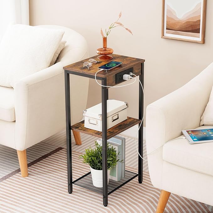 HOOBRO Tall End Tables with Charging Station, Set of 2, 30 Inch Tall Nightstands, 3-Tier Side Tables with Storage Shelves, for Living Room, Bedroom, Hallway, Rustic Brown BF09UDHP201G1