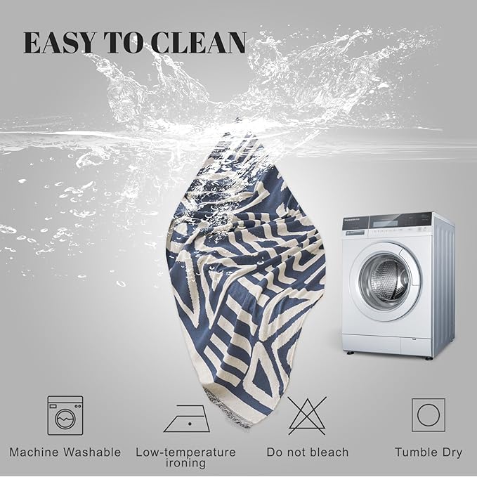 HANDONTIME Boho Couch Covers for Sofa Chenille Sofa Covers Denim Blue Sofa Cover Blanket Sectional Sofa Cover Geometric Reversible Couch Cover for L Shaped Couch Couch Protector for Dogs, 71" X150"