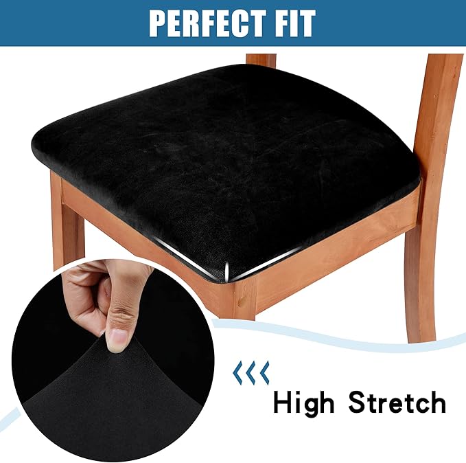 Smiry Velvet Seat Covers for Dining Room Chair Set of 6, Stretch Fit Removable Washable Chair Seat Cushion Protector Slipcovers with Ties, Black