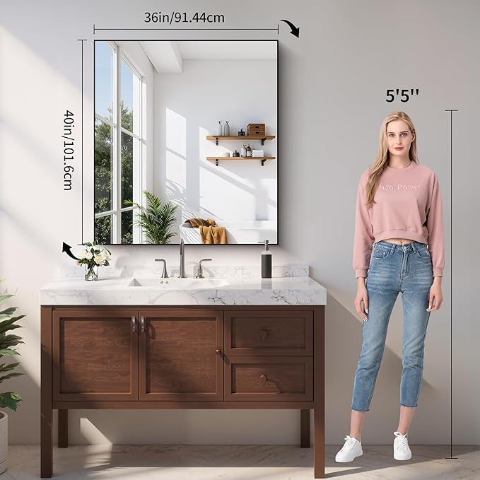 YIROMAN Bathroom Mirror for Wall 36"x40", Large Matte Black Bathroom Mirror with Aluminum Frame, Rectangular Vanity Mirror with Right Angles, Wall Mirror Hangs Horizontal or Vertical, Shatterproof