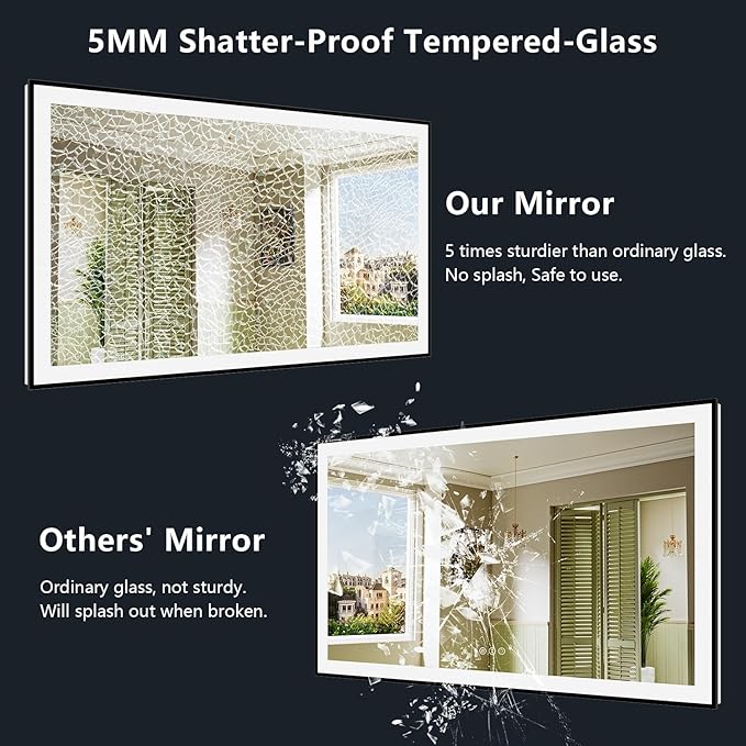 72x40 Inch LED Bathroom Mirror with Lights (Front Lit and Backlit) Black Framed Lighted Vanity Mirror for Bathroom Wall Dimmable Anti-Fog Memory Tempered Glass Horizontal/Vertical