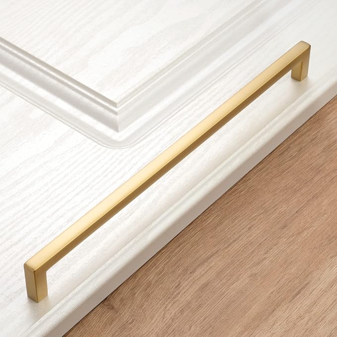 KOOFIZO Solid Square Bar Cabinet Handle - Brushed Gold Furniture Pull, 10 Inch/256mm Screwhole Distance, 1-Piece for Kitchen Cupboard Door, Bedroom Dresser Drawer, Bathroom Wardrobe Hardware