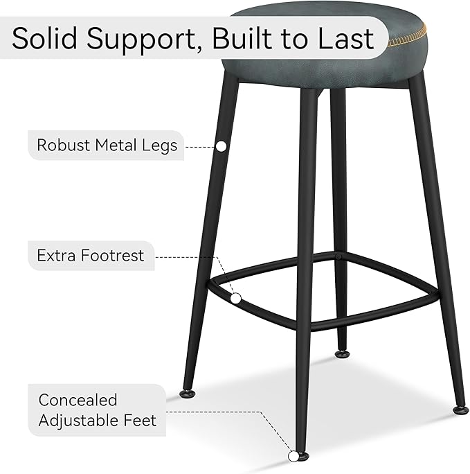 Counter Height Bar Stools, 26" H Backless Bar Stools Set of 2, Upholstered Faux Leather Kitchen Counter Stools, Mid Century Modern, Kitchen Island Home Bar, Pub, Black Blue
