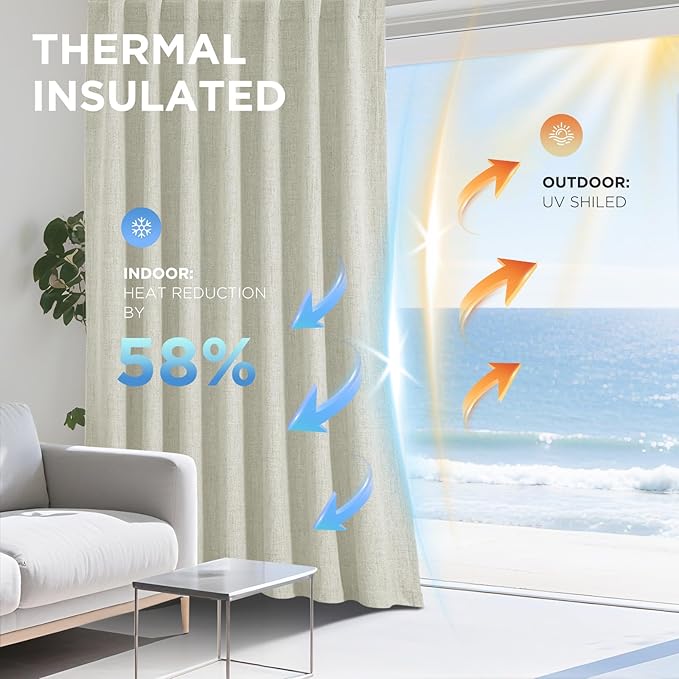 Joydeco 100% Blackout Curtains for Bedroom - Natural Linen Curtains 66" W x 96" L Long, Thermal Insulated 2 Panels Light Beige. Room Darkening Light Blocking Drapes for Living Room