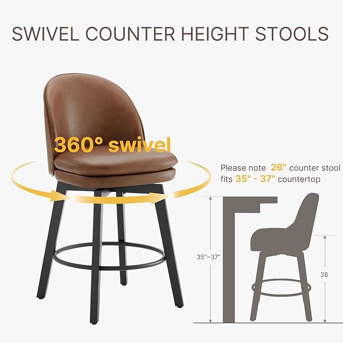Counter Height Barstools 26 inch Upholstered Swivel Bar Stools with Back and Wood Legs for Kitchen Island,Set of 2,Brown PU Leather-Armless