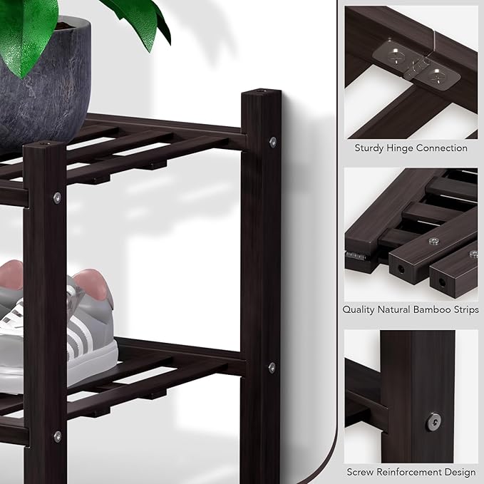 Haddockway 3 Tier Bamboo Shoe Rack Storage Organizer, Multifunctional Free Standing Stackable Shoe Shelf with Grid Panel for Closet,Hallway,Entryway,Small Space 27"x11"x20" (Brown, 3 Tier)